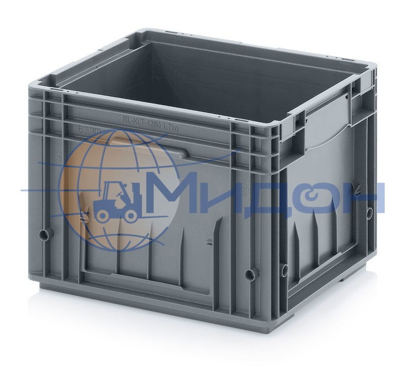Контейнер пластиковый 4280 RL-KLT серый, стенки сплошные, дно ровное с отверстиями 396 х 297 х 280