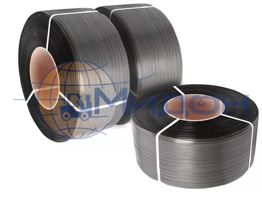 Лента полиэтилентерефталатная с тиснением (ПЭТ) 12х0,6мм (чёрная) разрывная нагрузка 240 кгс(Н), 11 бухт по 2450 м (полуавтомат, ручная)