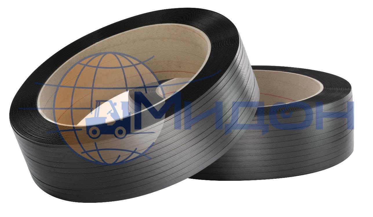 Лента полиэтилентерефталатная с тиснением (ПЭТ) 19х1мм (чёрная) разрывная нагрузка 800 кгс(Н), 100 бухт по 900 м (полуавтомат, ручная)