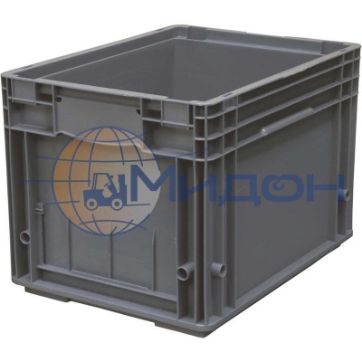 Контейнер пластиковый 4329 R-KLT серый, стенки сплошные, усиленное дно ровное с отверстиями 396 х 297 х 280