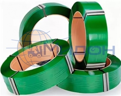 Лента полиэтилентерефталатная с тиснением (ПЭТ) 16х0,8мм (зелёная) разрывная нагрузка 500 кгс(Н), 100 бухт по 1400 м (автомат, полуавтомат, ручная)